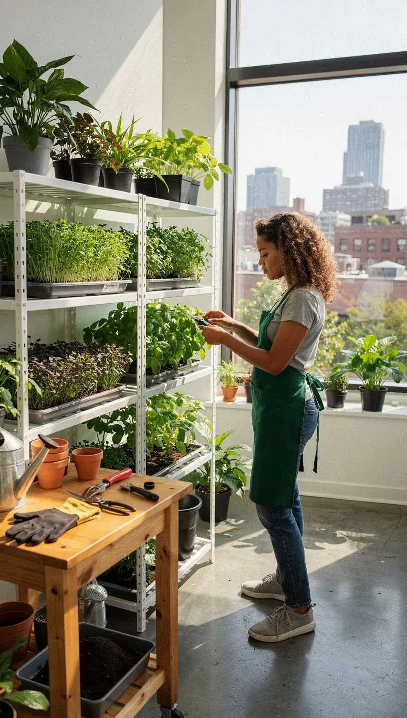 Indoor gardener nurturing microgreens and home plants.